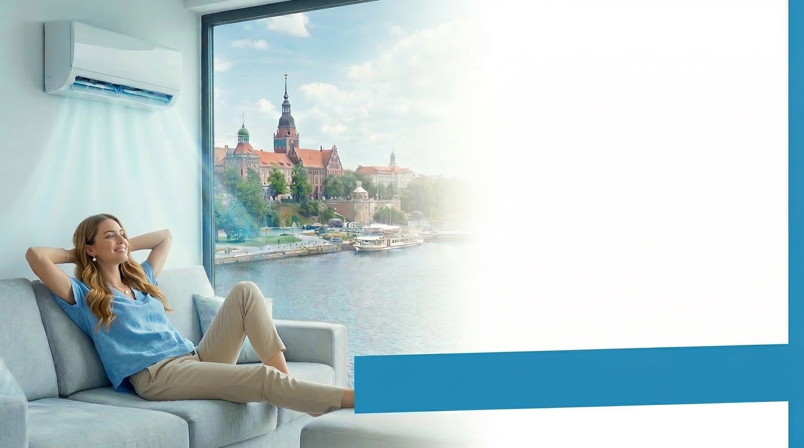 Komfort klimatyzacji w Szczecinie — kobieta relaksująca się pod klimatyzatorem z widokiem na Szczecin