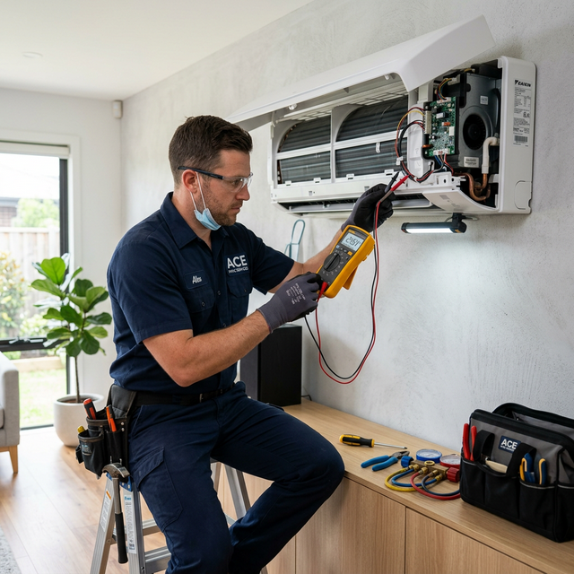 Serwis i naprawa klimatyzacji — technik sprawdza jednostkę wewnętrzną